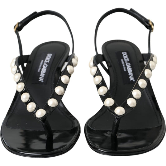 Dolce & Gabbana Black Leather Faux Pearl Heel Sandals Shoes Dolce & Gabbana Dark Slate Gray