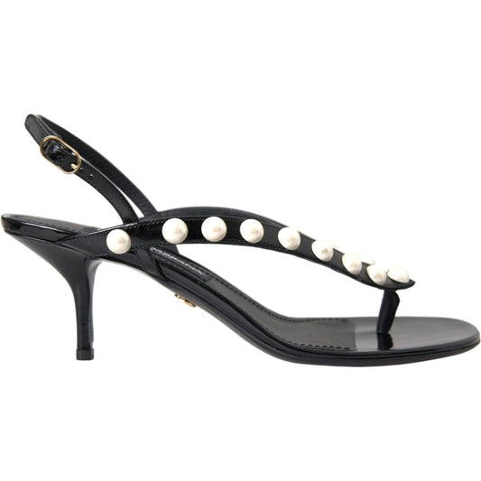 Dolce & Gabbana Black Leather Faux Pearl Heel Sandals Shoes Dolce & Gabbana Dark Slate Gray