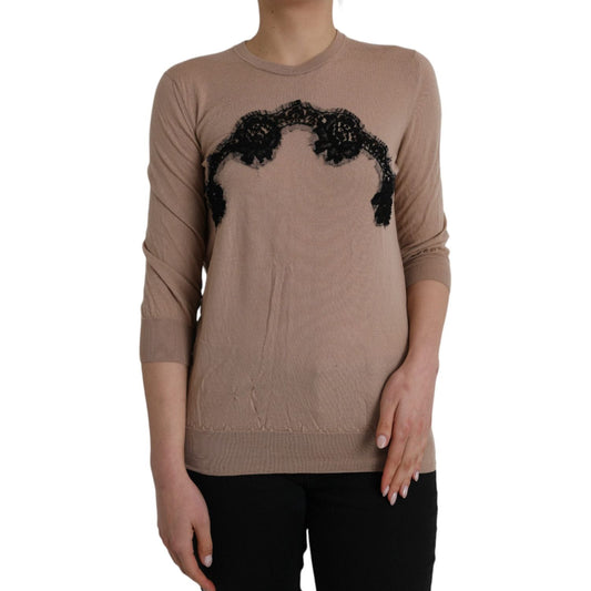 Dolce & Gabbana Brown Wool Black Lace 3/4 Sleeve Blouse Top Dolce & Gabbana Dim Gray
