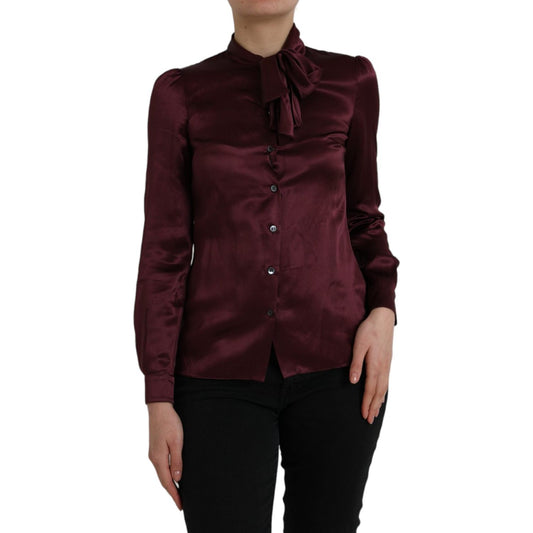 Dolce & Gabbana Maroon Ascot Collar Long Sleeve Top Blouse TSH852004-36
