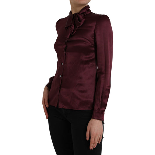 Dolce & Gabbana Maroon Ascot Collar Long Sleeve Top Blouse TSH852004-36