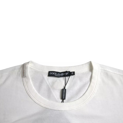 تي شيرت Dolce &amp; Gabbana أبيض من القطن بطبعة شعار الأزهار ورقبة دائرية