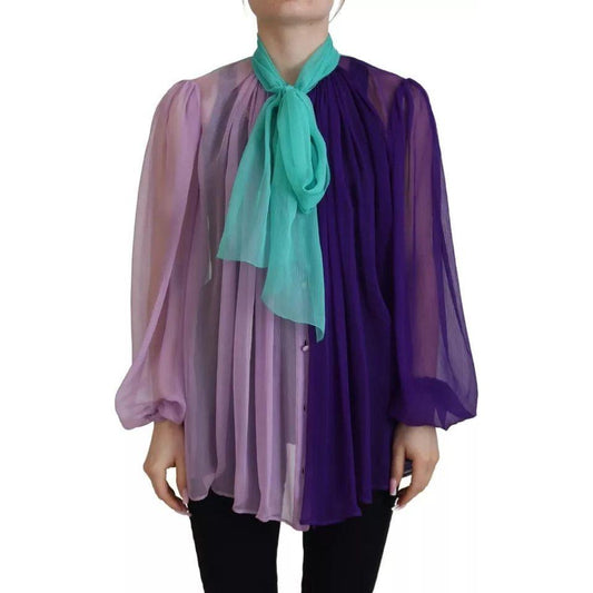 Dolce & Gabbana Multicolor Long Sleeves Ascot Collar Silk Top Dolce & Gabbana Dim Gray