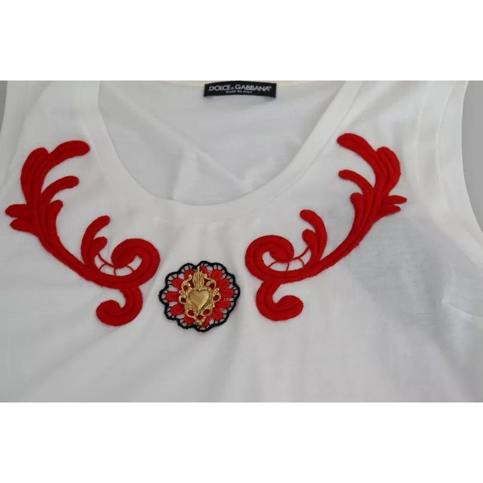 توب دولتشي آند غابانا بدون أكمام من القطن باللون الأبيض مع تطريز على شكل قلب