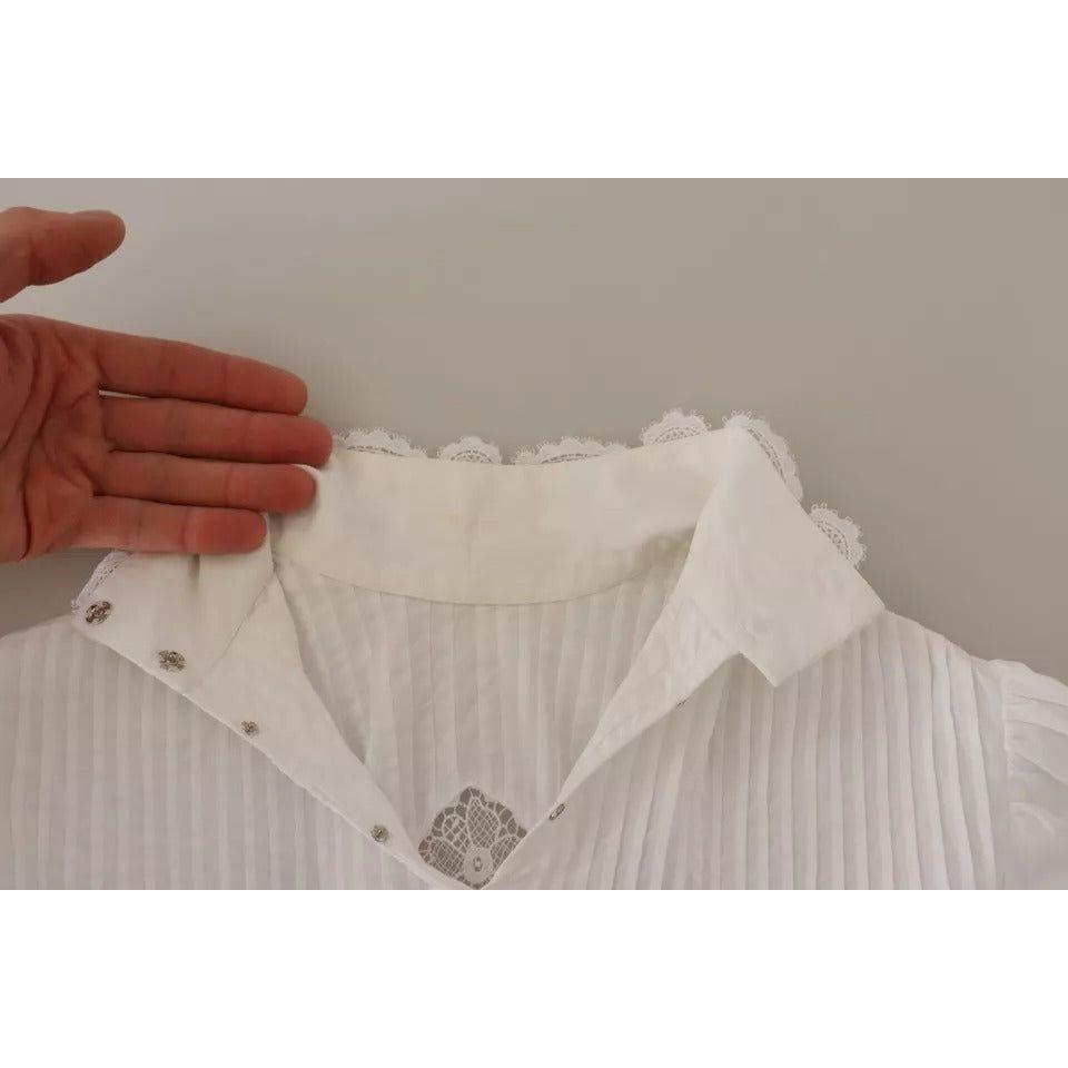 بلوزة دولتشي آند غابانا ذات رقبة مدورة وحواف من الدانتيل من القطن باللون الأبيض