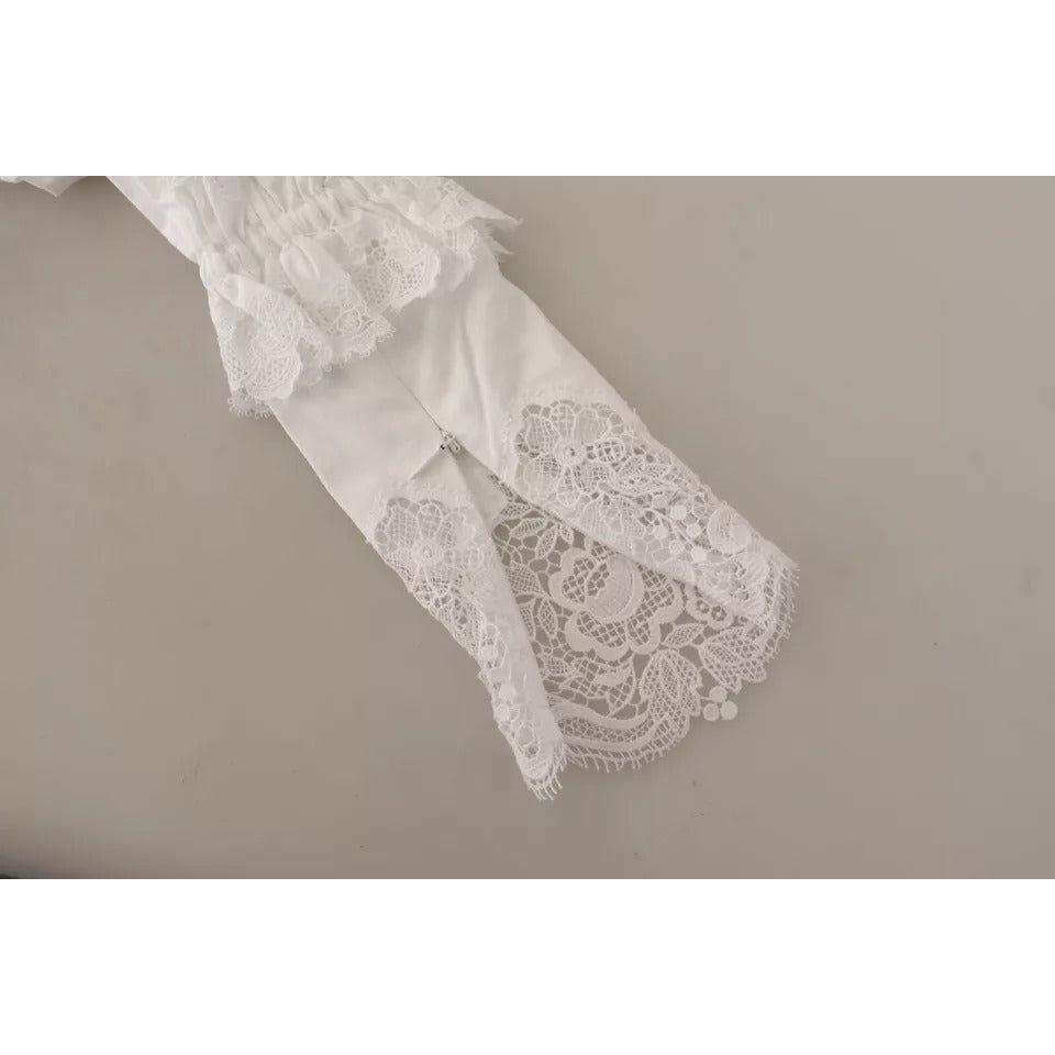 بلوزة دولتشي آند غابانا ذات رقبة مدورة وحواف من الدانتيل من القطن باللون الأبيض