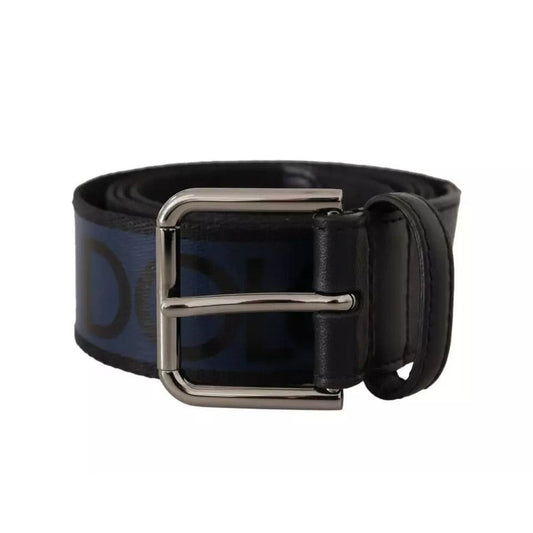 Dolce & Gabbana Blue Black Logo Print Silver Buckle Belt