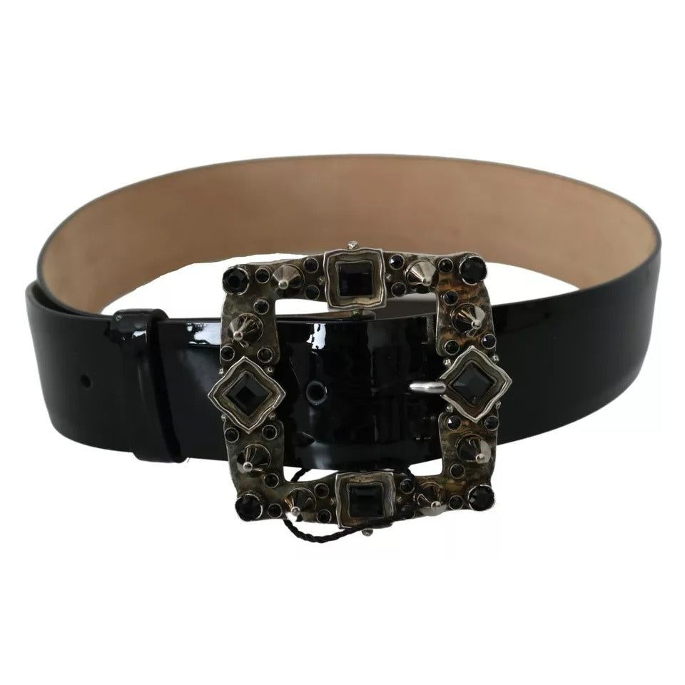 Dolce & Gabbana Black Shiny Leather Crystal Logo Buckle Belt