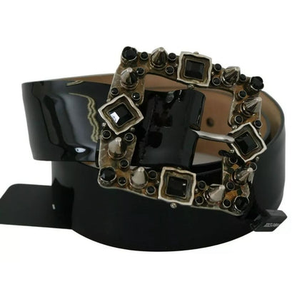 Dolce & Gabbana Black Shiny Leather Crystal Logo Buckle Belt