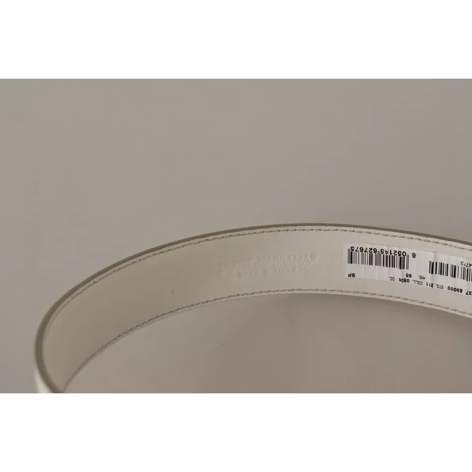 Dolce & Gabbana White Leather Gold Logo Engraved Metal Buckle Belt
