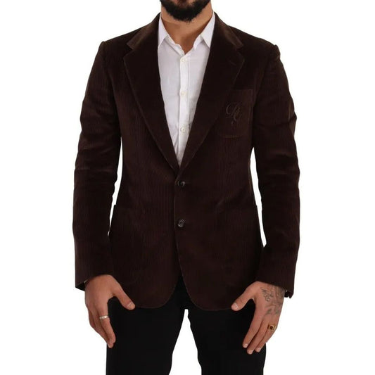 Dolce & Gabbana Brown Corduroy Slim Fit Coat DG Logo Blazer KOS1924-50