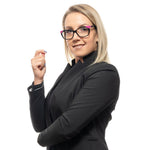 Woman wearing Emilio Pucci Black Women Glasses Frame with full-rim butterfly style.