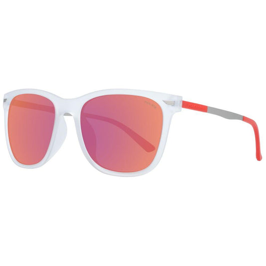 Transparent men's sunglasses with multicolor polarized mirrored lenses and UVA/UVB protection. Rectangle plastic frame.