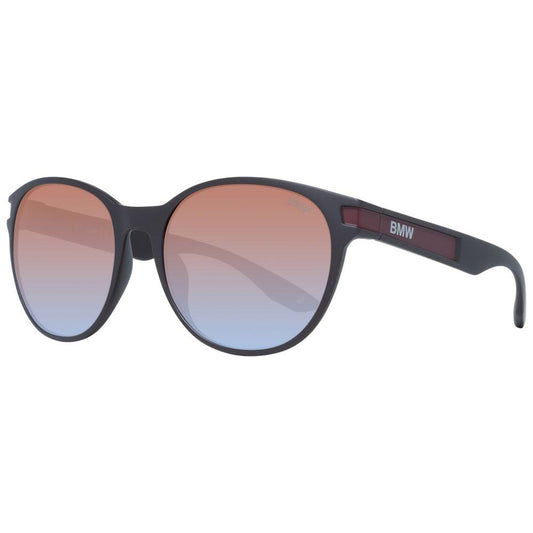 BMW round brown men's sunglasses with mirrored gradient lenses, plastic frame. 100% UVA & UVB protection. Includes branded case.