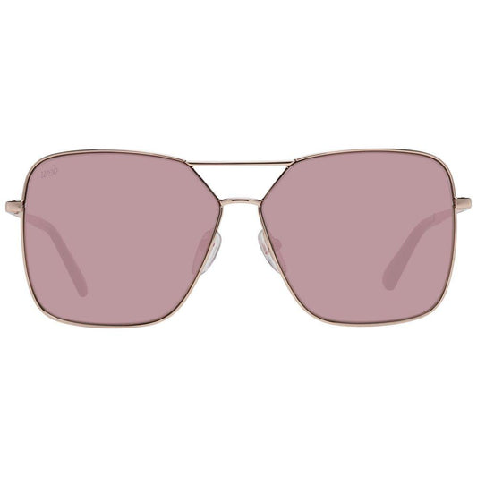 Rose gold women's sunglasses with mirrored purple rectangle lenses, metal full-rim frame for UVA & UVB protection.