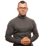 Man wearing BMW Gray Men Glasses Frame with full-rim rectangle style and grey plastic material.