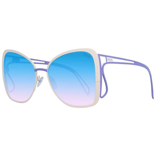 Emilio Pucci cream butterfly sunglasses with gradient multicolor lenses and full-rim metal frame for women, 100% UVA & UVB protection.
