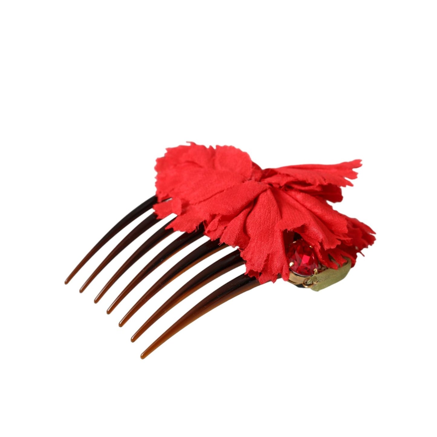 Dolce & Gabbana Red Silk Floral Gold Brass Women Hair Comb FASHION ACCESSORIES