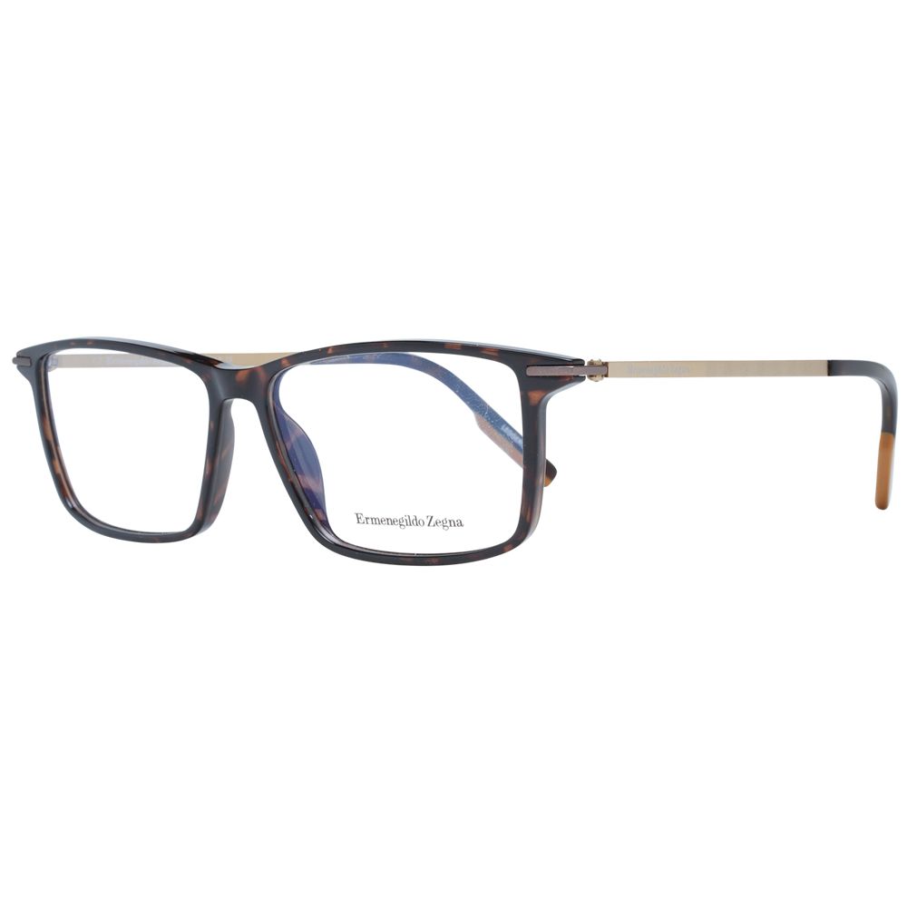 Ermenegildo Zegna Brown Men Glasses Frame, full-rim plastic, rectangle style with demo lenses, size 58-14-145, includes branded case.