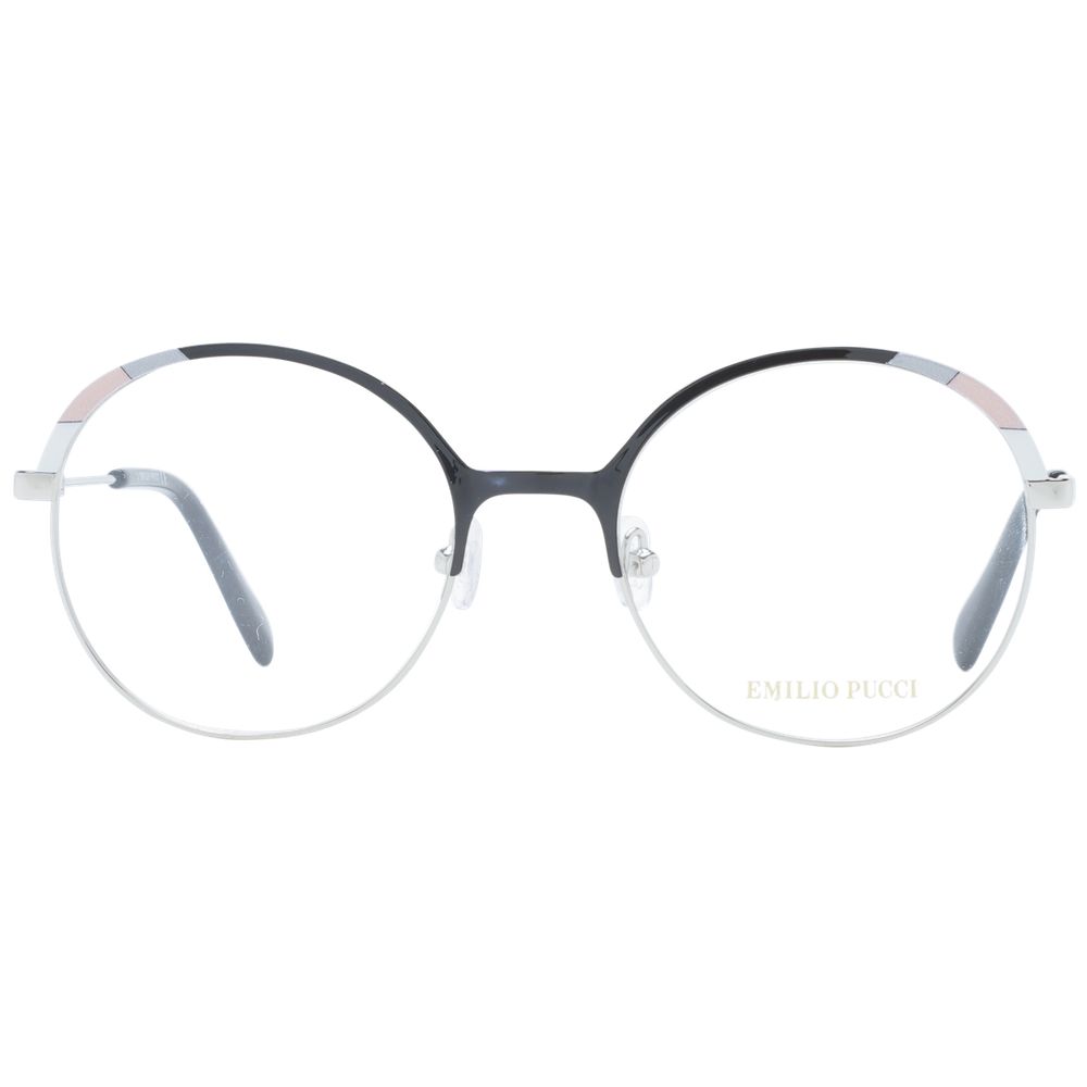 Emilio Pucci Black Women Glasses Frame, round full-rim metal design with demo plastic lenses, includes branded case, size 51-19-140.