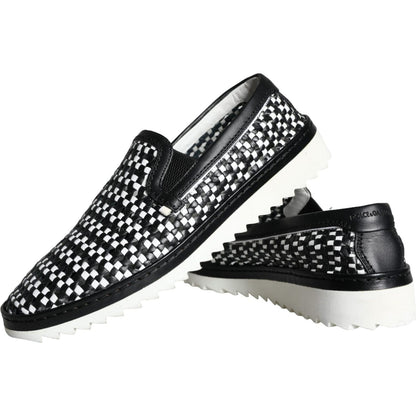 Dolce & Gabbana Black White Weaved Slip On Men Loafers Shoes