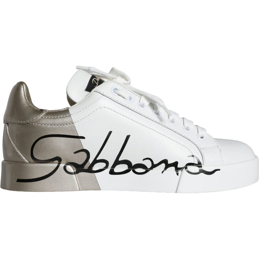 Dolce & Gabbana White Gold Portofino Low Top Leather Sneakers Shoes Dolce & Gabbana Light Gray