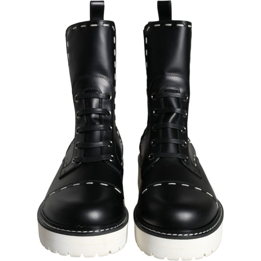 Dolce & Gabbana Black Leather Combat Mid Calf Boots Shoes Dolce & Gabbana Black