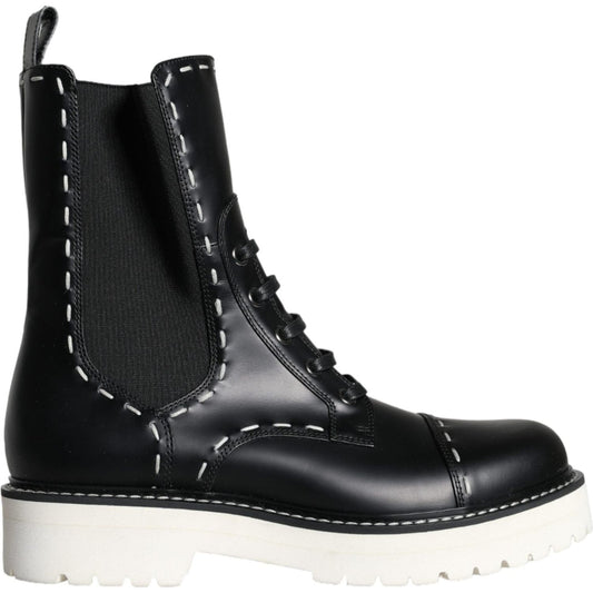 Dolce & Gabbana Black Leather Combat Mid Calf Boots Shoes Dolce & Gabbana Antique White