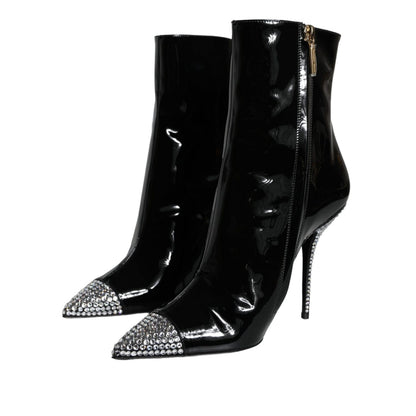 Dolce & Gabbana Black Patent Leather Crystal Heel Boots Shoes
