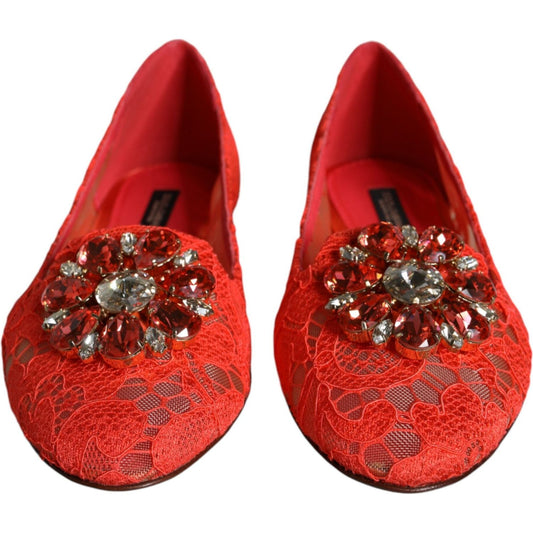 Dolce & Gabbana Coral Lace Crystal Ballet Flats Loafers Shoes Dolce & Gabbana Firebrick