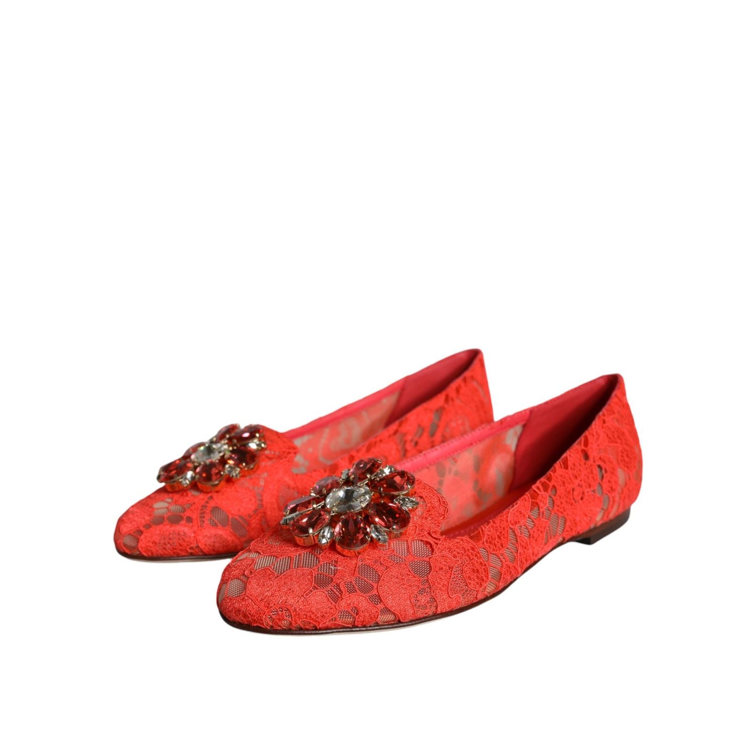 Dolce & Gabbana Coral Lace Crystal Ballet Flats Loafers Shoes