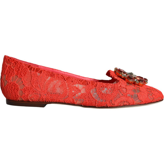 Dolce & Gabbana Coral Lace Crystal Ballet Flats Loafers Shoes Dolce & Gabbana Firebrick