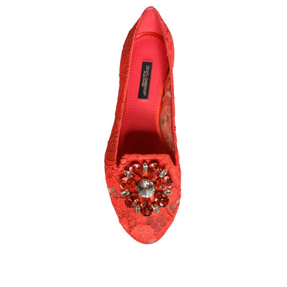 Dolce & Gabbana Coral Lace Crystal Ballet Flats Loafers Shoes
