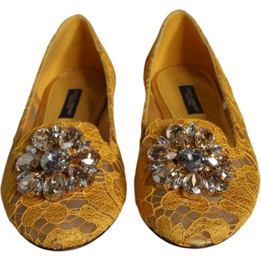Dolce & Gabbana Mustard Lace Crystal Ballet Flats Loafer Shoes Dolce & Gabbana Sienna