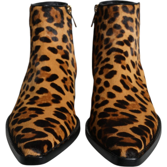 Dolce & Gabbana Brown Leopard Calf Fur Ankle Boots Shoes Dolce & Gabbana Dark Khaki