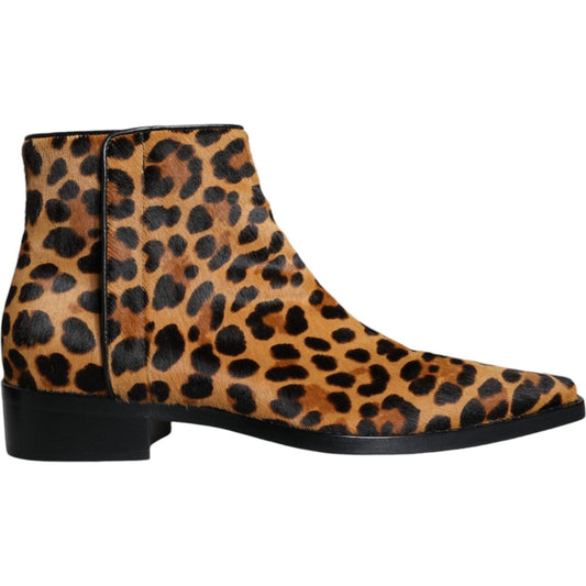 Dolce & Gabbana Brown Leopard Calf Fur Ankle Boots Shoes Dolce & Gabbana Dark Khaki