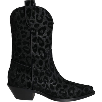 Dolce & Gabbana Black Gray Leopard Cowboy Boots Shoes