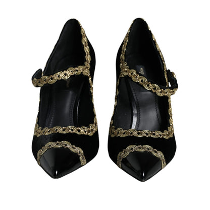 Dolce & Gabbana Black Mary Janes Velvet Gold Pumps Shoes