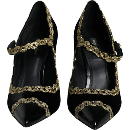 Dolce & Gabbana Black Mary Janes Velvet Gold Pumps Shoes Dolce & Gabbana Black