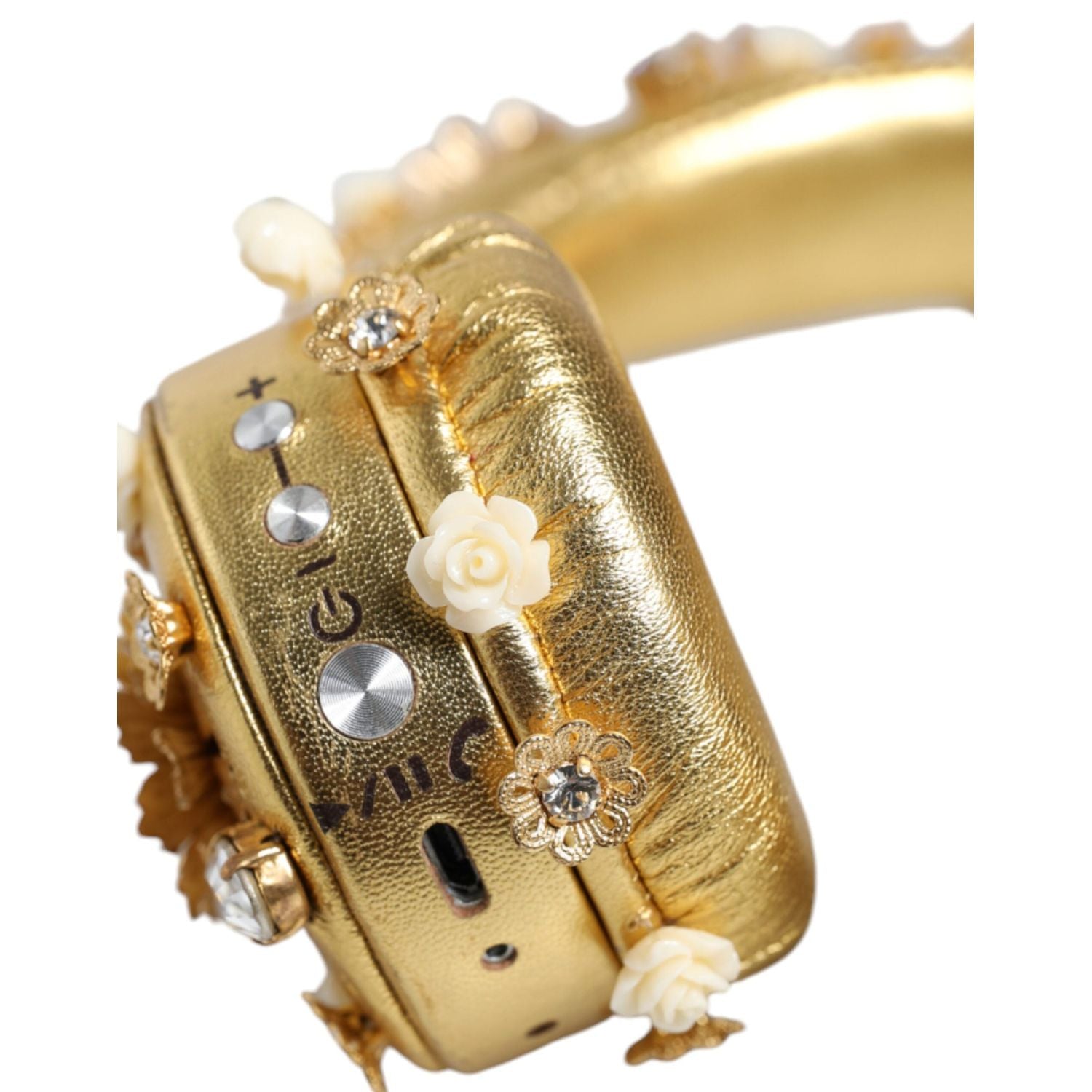 سماعات رأس دولتشي آند غابانا الذهبية المصنوعة من الجلد والزهور الكريستالية