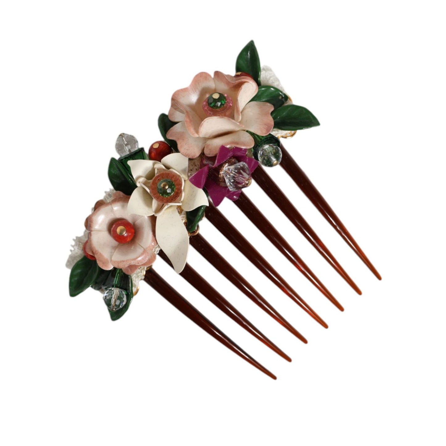 Dolce & Gabbana Brown Plastic Crystal Floral Women Hair Comb