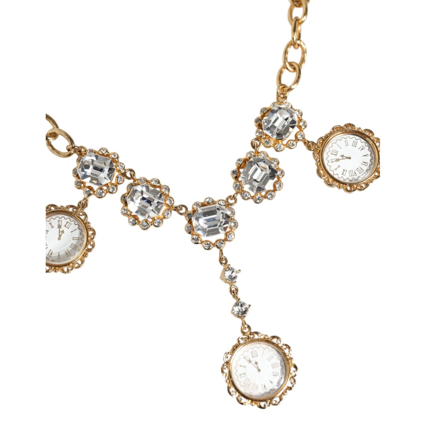 Dolce & Gabbana Gold Chain Brass Crystal Clock Statement Necklace Necklace
