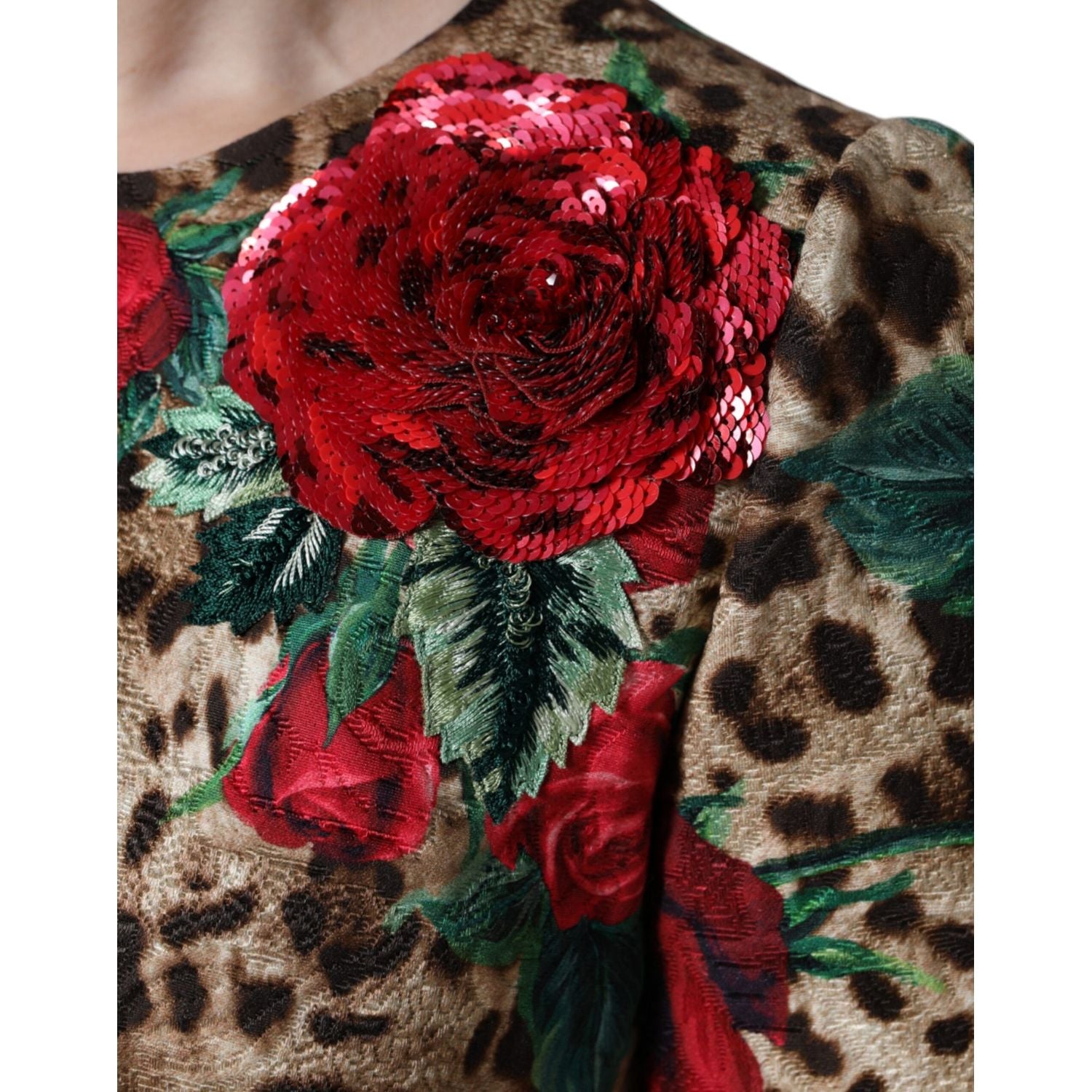 Dolce & Gabbana Brown Leopard Red Roses Cotton A-line Dress