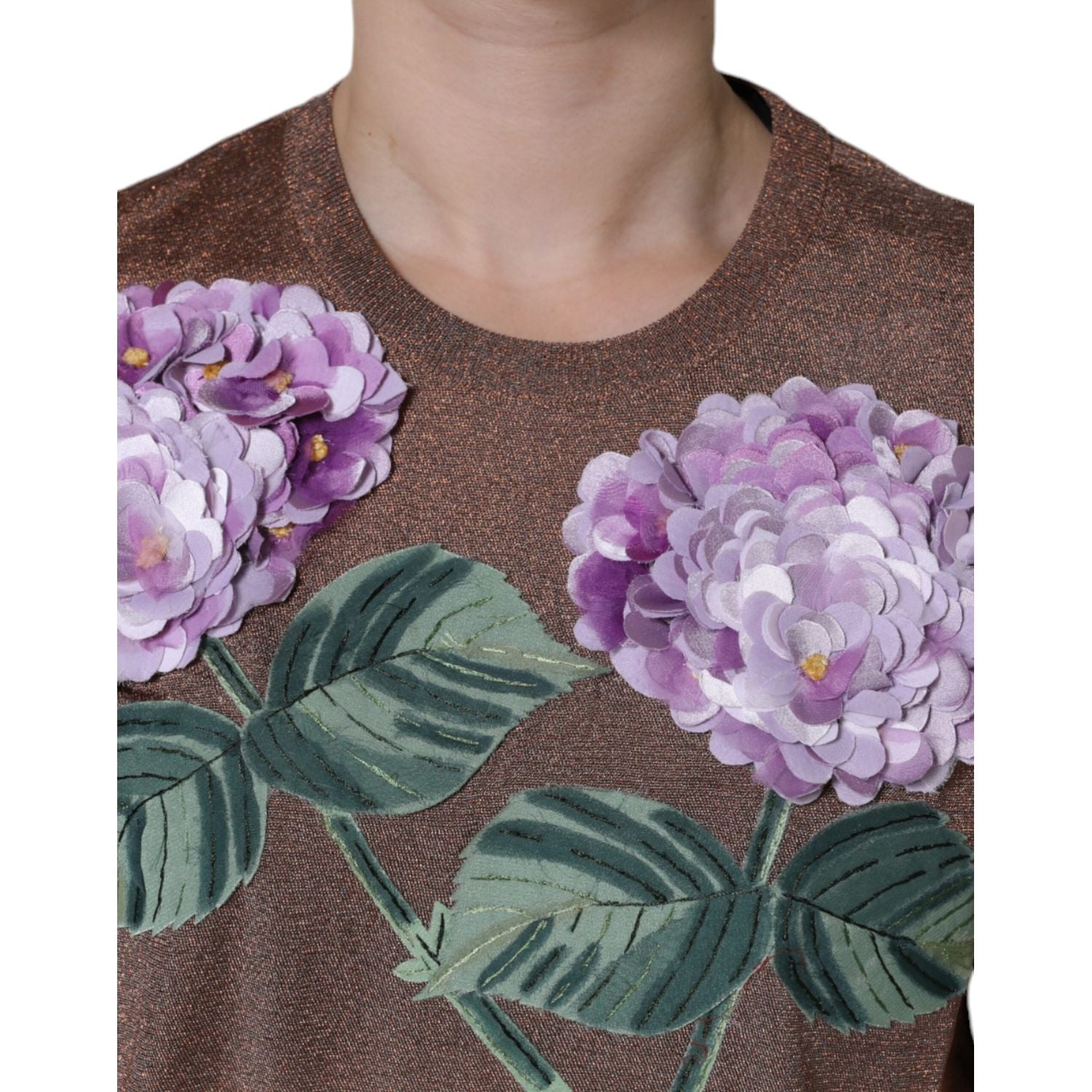 Dolce & Gabbana Brown Floral Applique Viscose Short Sleeve Top