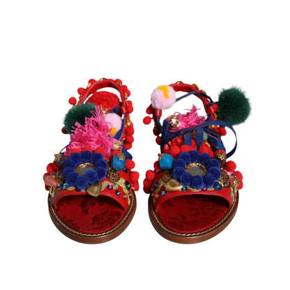 Dolce & Gabbana Multicolor Pom Pom Fur Wrap Sandals Shoes