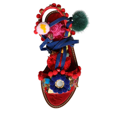 Dolce & Gabbana Multicolor Pom Pom Fur Wrap Sandals Shoes