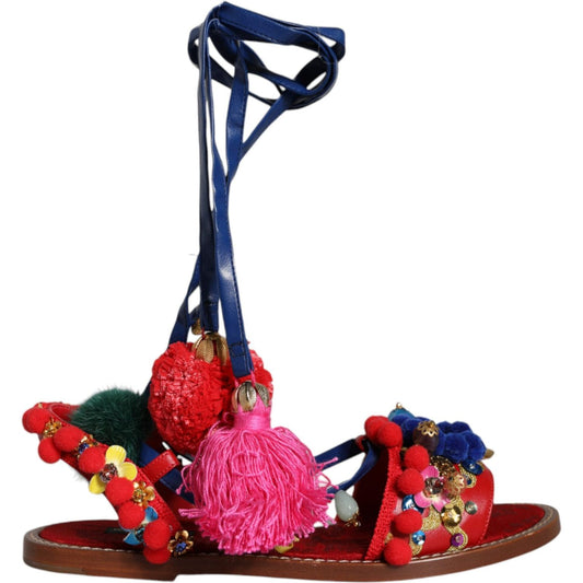 Dolce & Gabbana Multicolor Pom Pom Fur Wrap Sandals Shoes Dolce & Gabbana Pale Violet Red