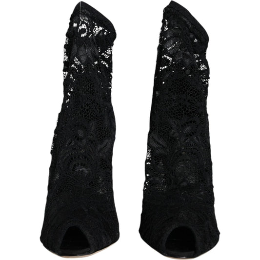 Dolce & Gabbana Black Lace Stretch Heels Mid Calf Boot Shoes Dolce & Gabbana Black