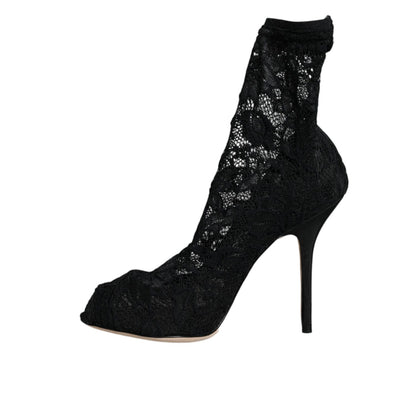 Dolce & Gabbana Black Lace Stretch Heels Mid Calf Boot Shoes