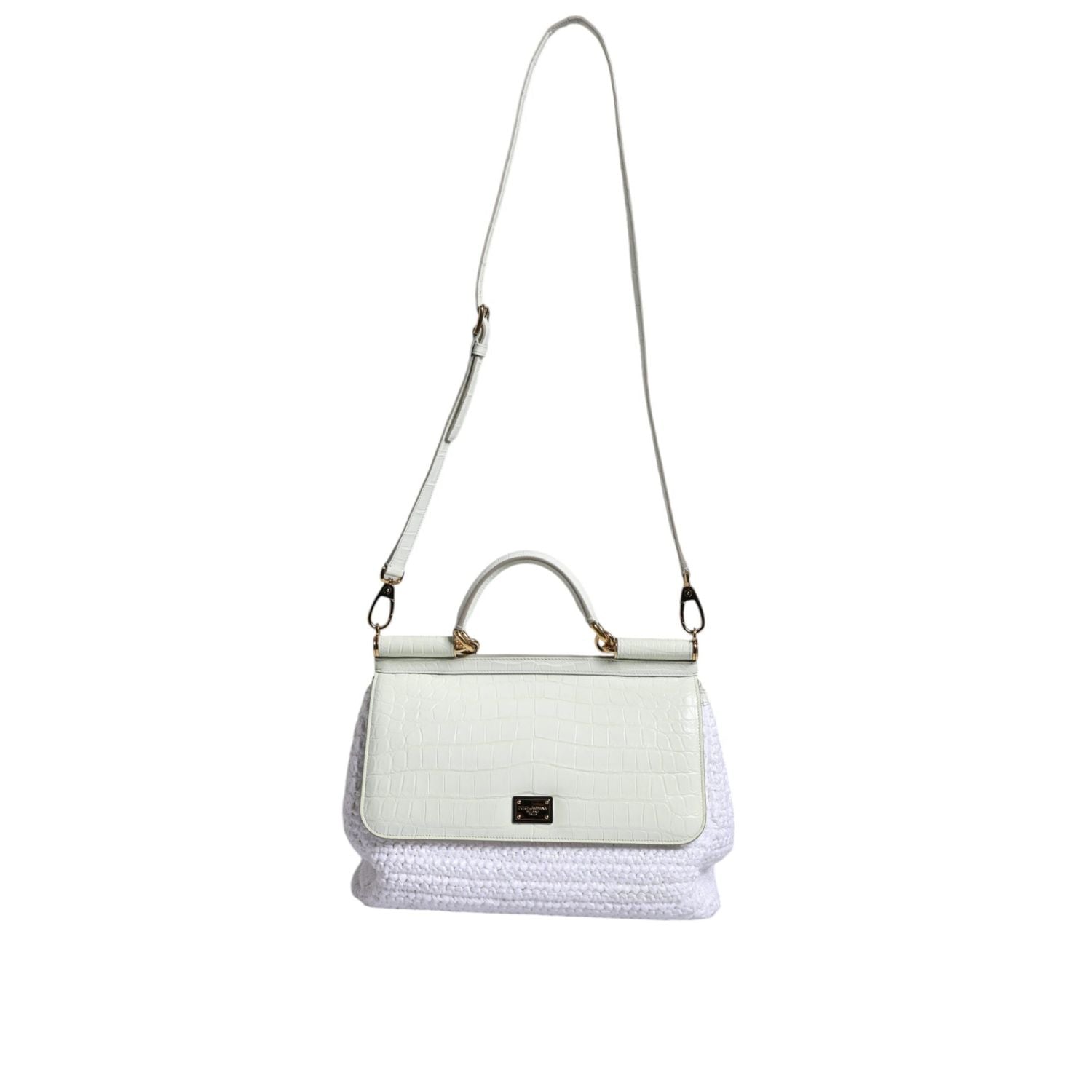 Dolce & Gabbana White Rafia Leather Top Handle Crossbody Bag